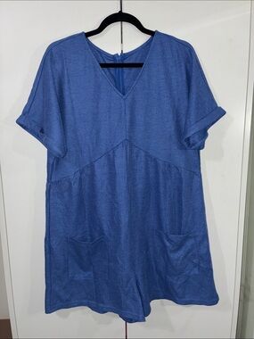 Boutique XL Blue V-Neck Short Sleeve Pocket Romper Boho